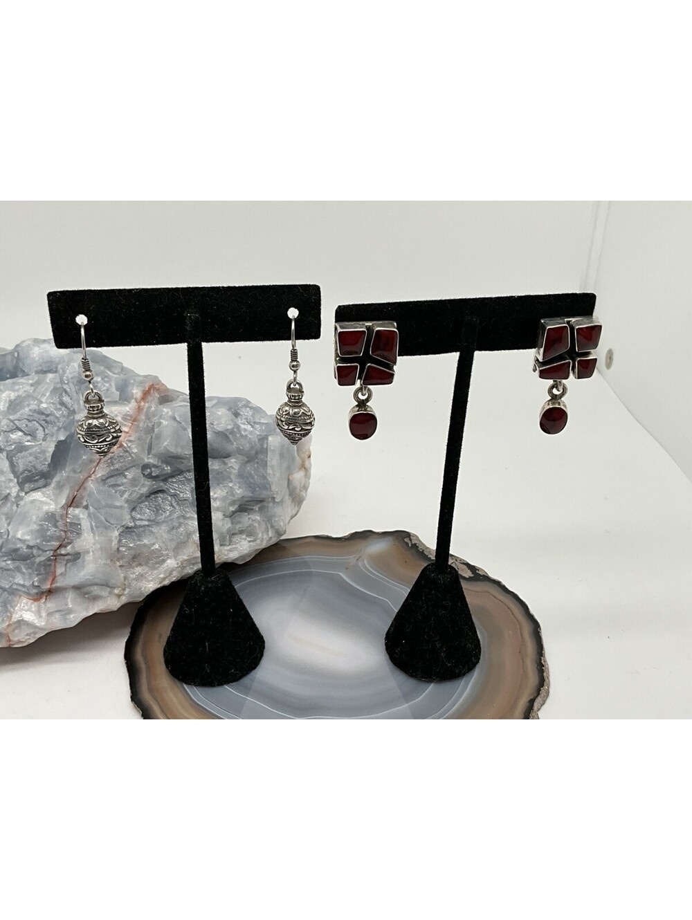 2 Pairs Of Sterling Silver 925 Bali Style & Red Jasper Dangle Earrings